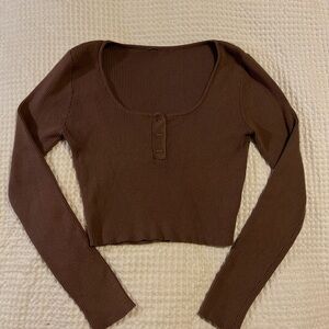 Brown Fitted Ribbed Long Sleeve Blouse